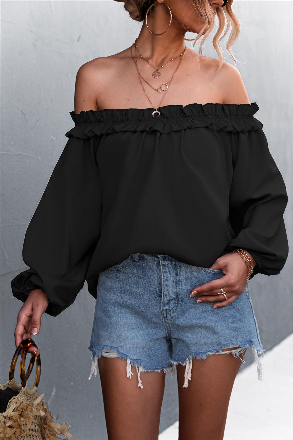 Frill Trim Off-Shoulder Balloon Sleeve Top-TOPS / DRESSES-[Adult]-[Female]-Blue Zone Planet