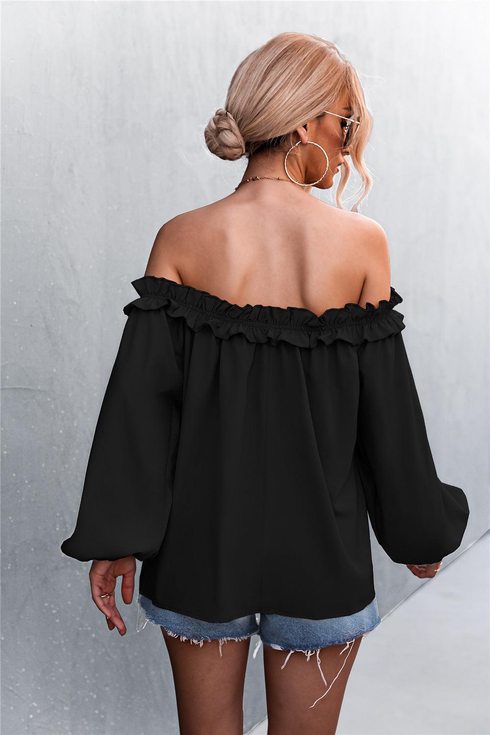 Frill Trim Off-Shoulder Balloon Sleeve Top BLUE ZONE PLANET