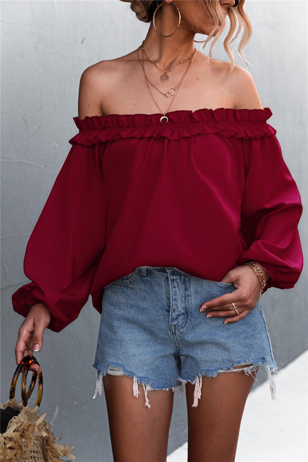 Frill Trim Off-Shoulder Balloon Sleeve Top-TOPS / DRESSES-[Adult]-[Female]-Wine-S-Blue Zone Planet