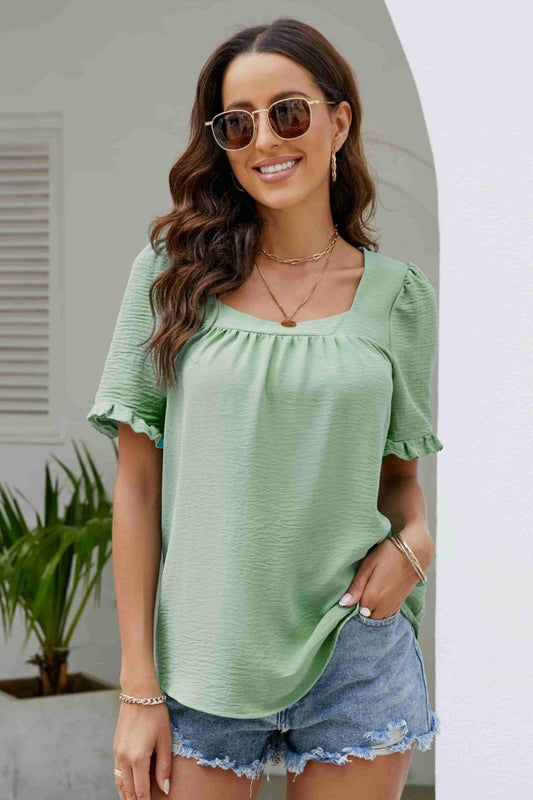 Frill Trim Puff Sleeve Square Neck Blouse BLUE ZONE PLANET
