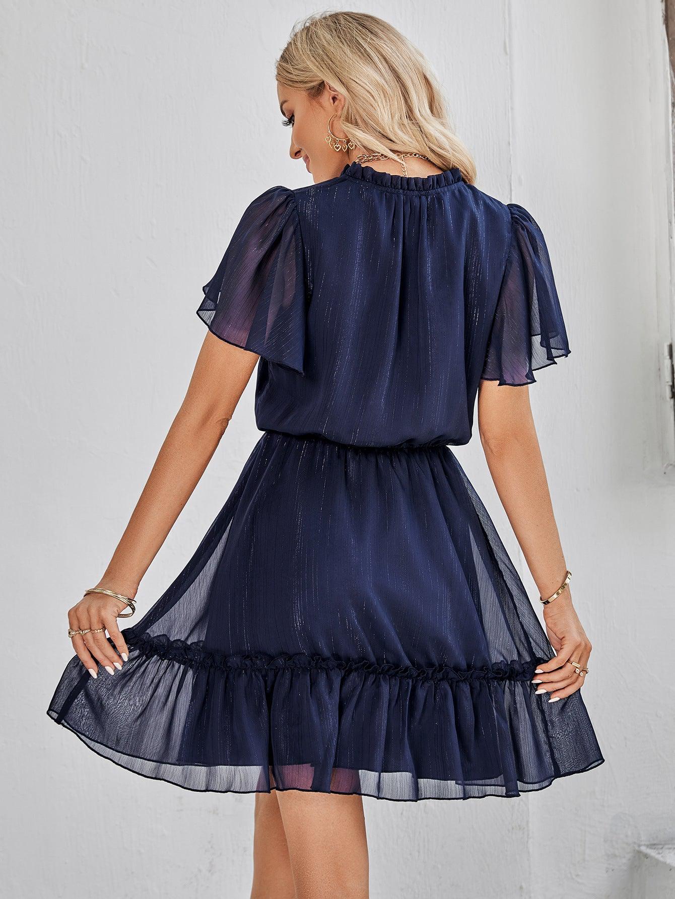 Frill Trim Tie Neck Flutter Sleeve Dress BLUE ZONE PLANET