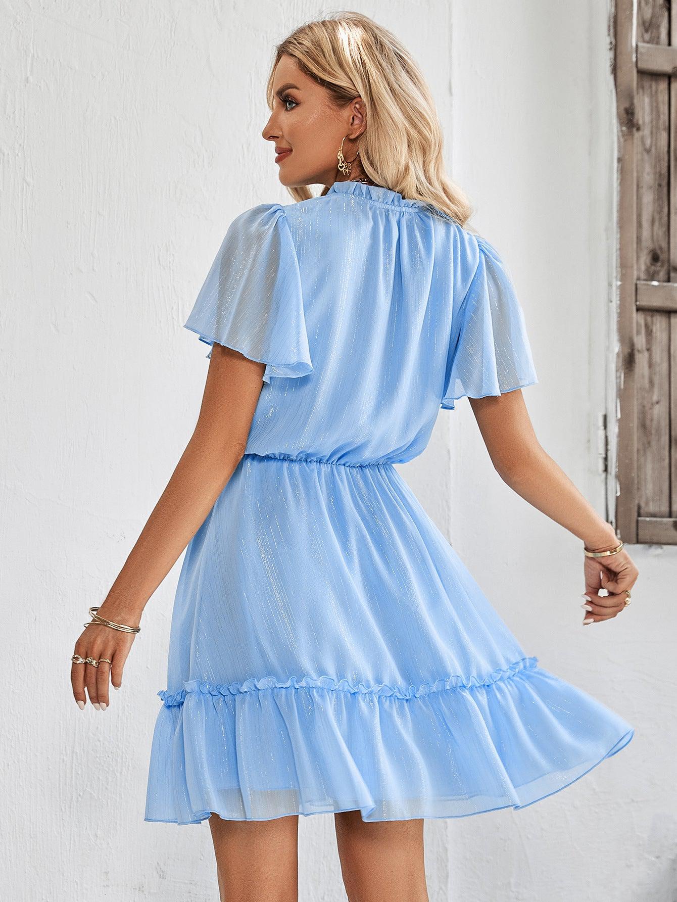 Frill Trim Tie Neck Flutter Sleeve Dress BLUE ZONE PLANET