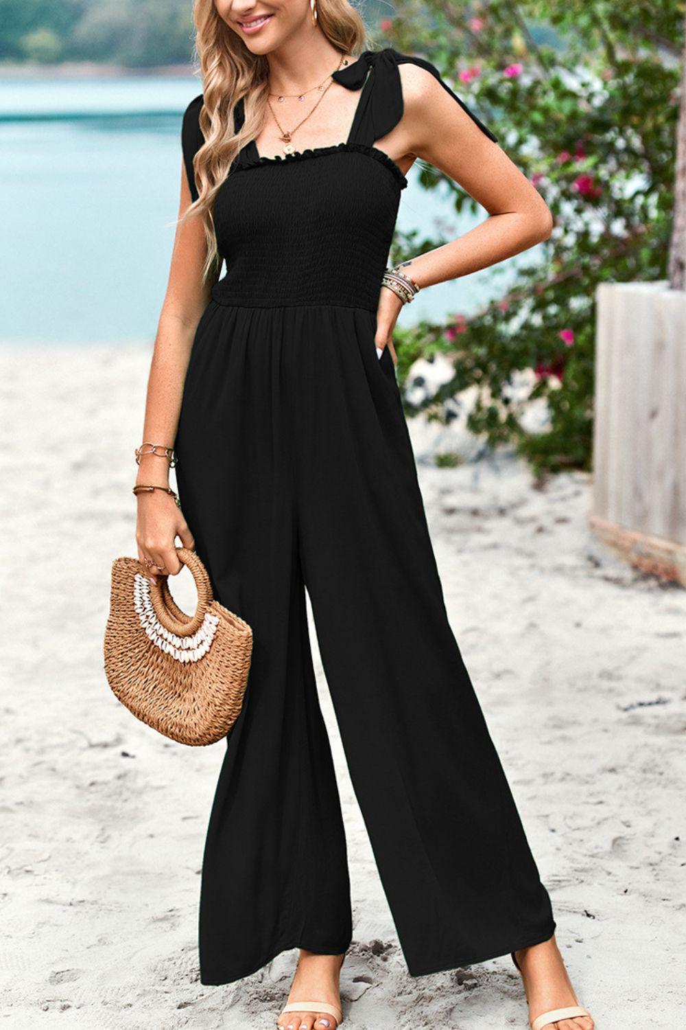 Frill Trim Tie Shoulder Wide Leg Jumpsuit with Pockets BLUE ZONE PLANET