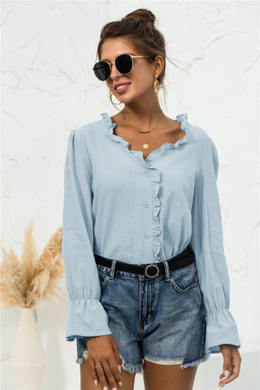 Frill Trim V-Neck Flounce Sleeve Shirt BLUE ZONE PLANET