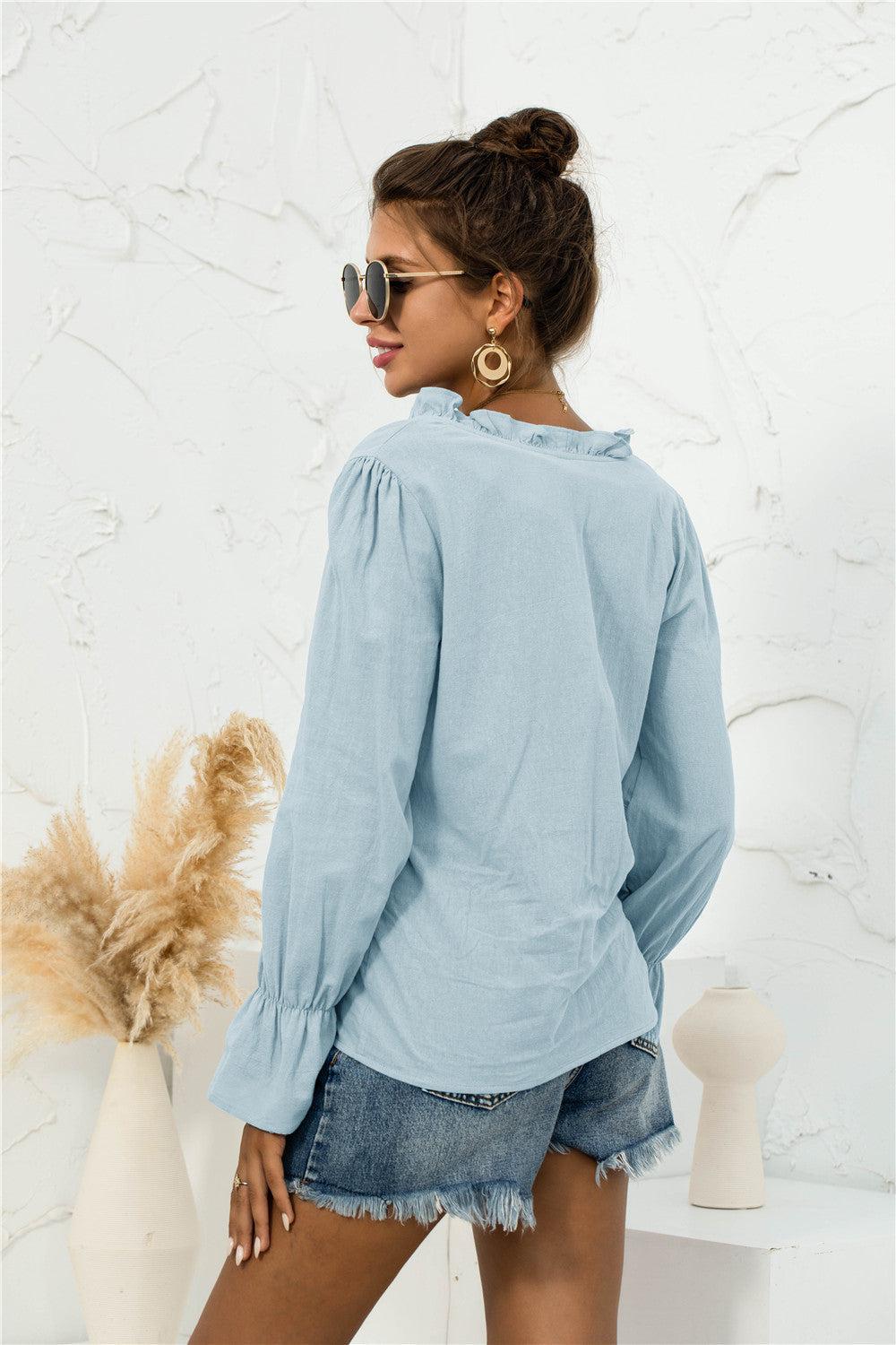 Frill Trim V-Neck Flounce Sleeve Shirt BLUE ZONE PLANET