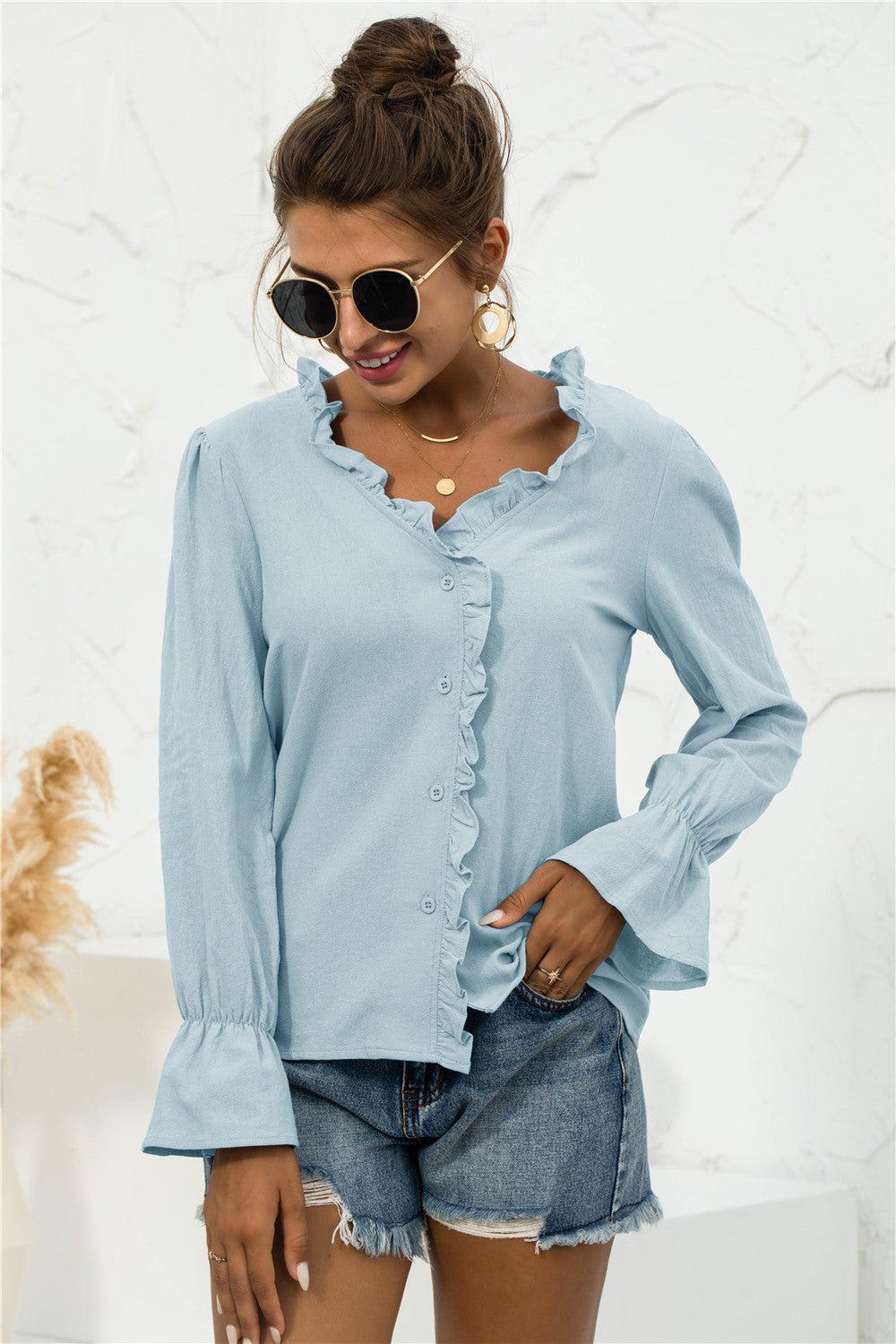 Frill Trim V-Neck Flounce Sleeve Shirt BLUE ZONE PLANET