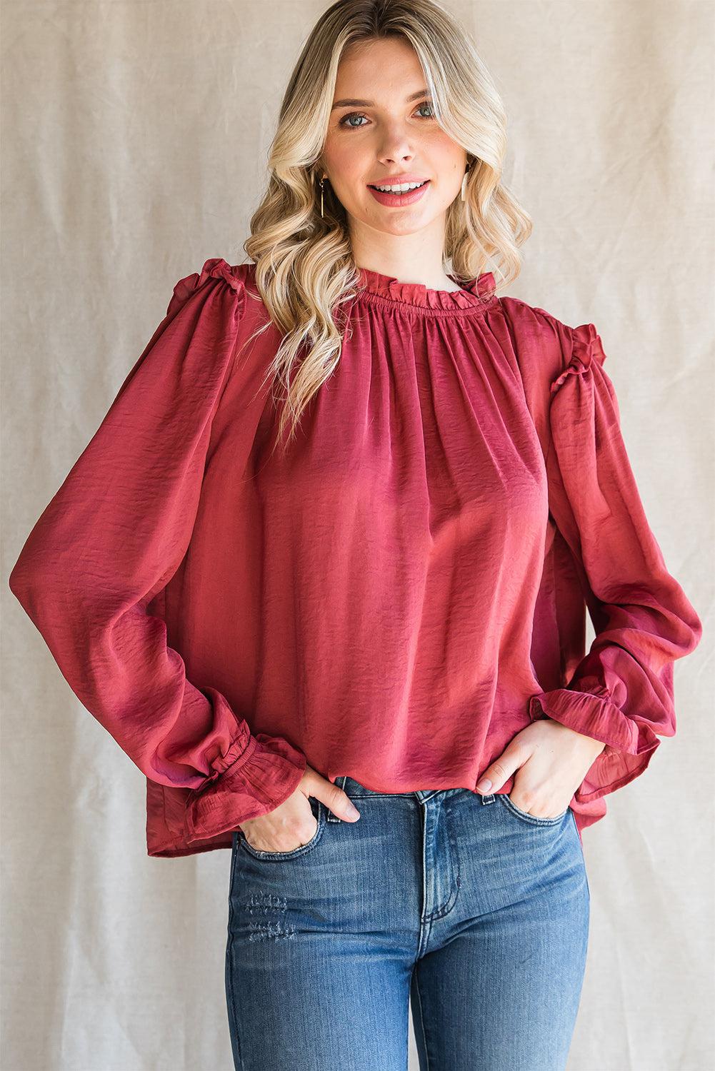 Frilled Neck Long Flounce Sleeve Blouse BLUE ZONE PLANET