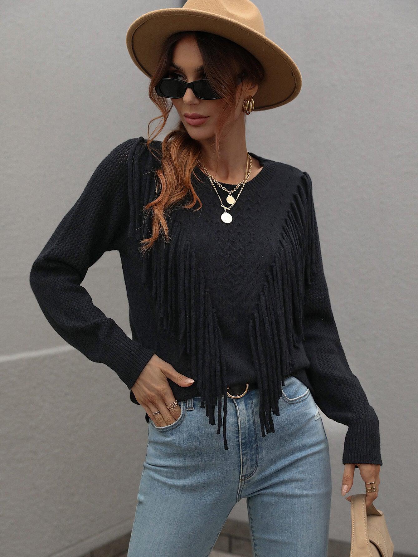 Fringe Detail Ribbed Trim Sweater BLUE ZONE PLANET