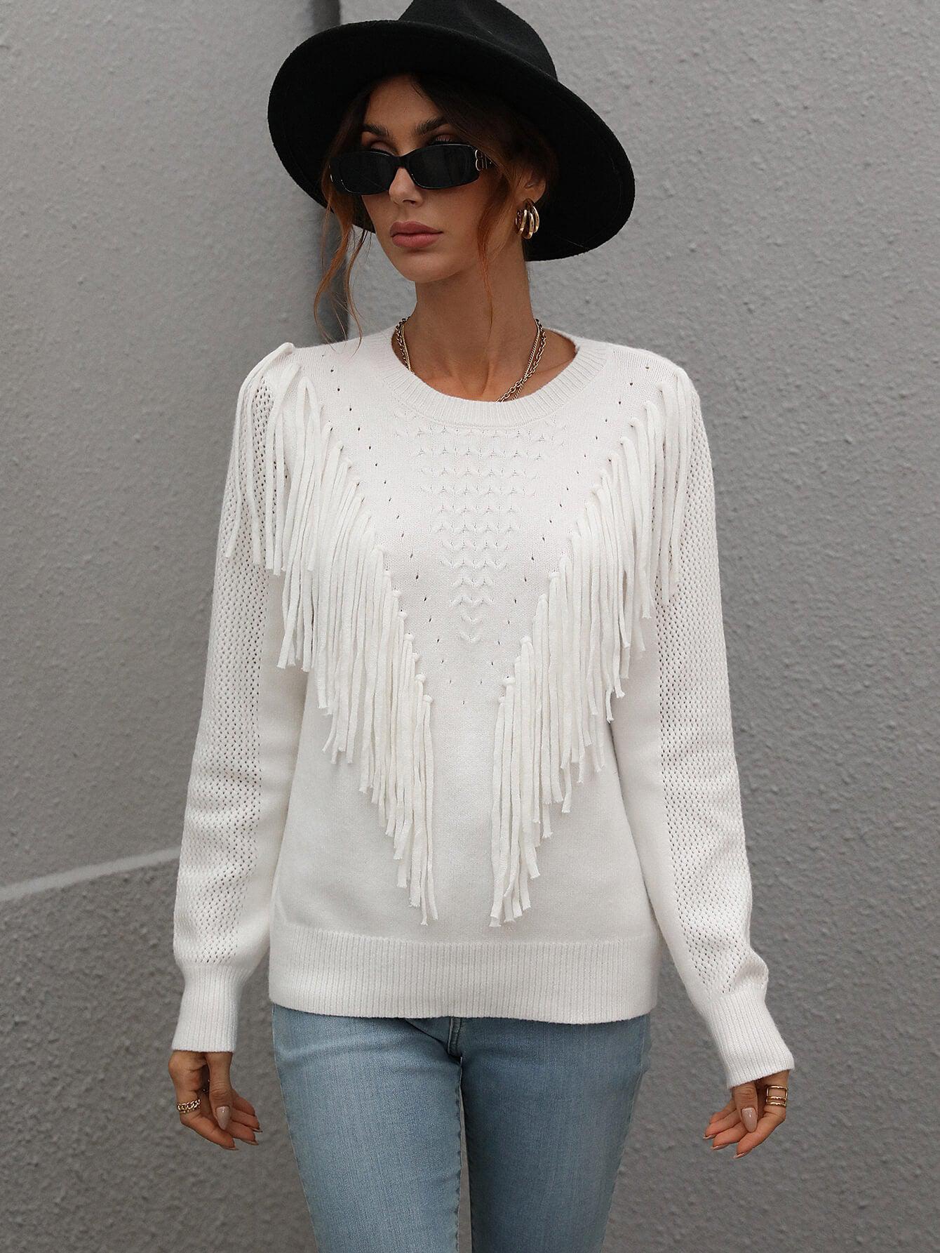 Fringe Detail Ribbed Trim Sweater BLUE ZONE PLANET