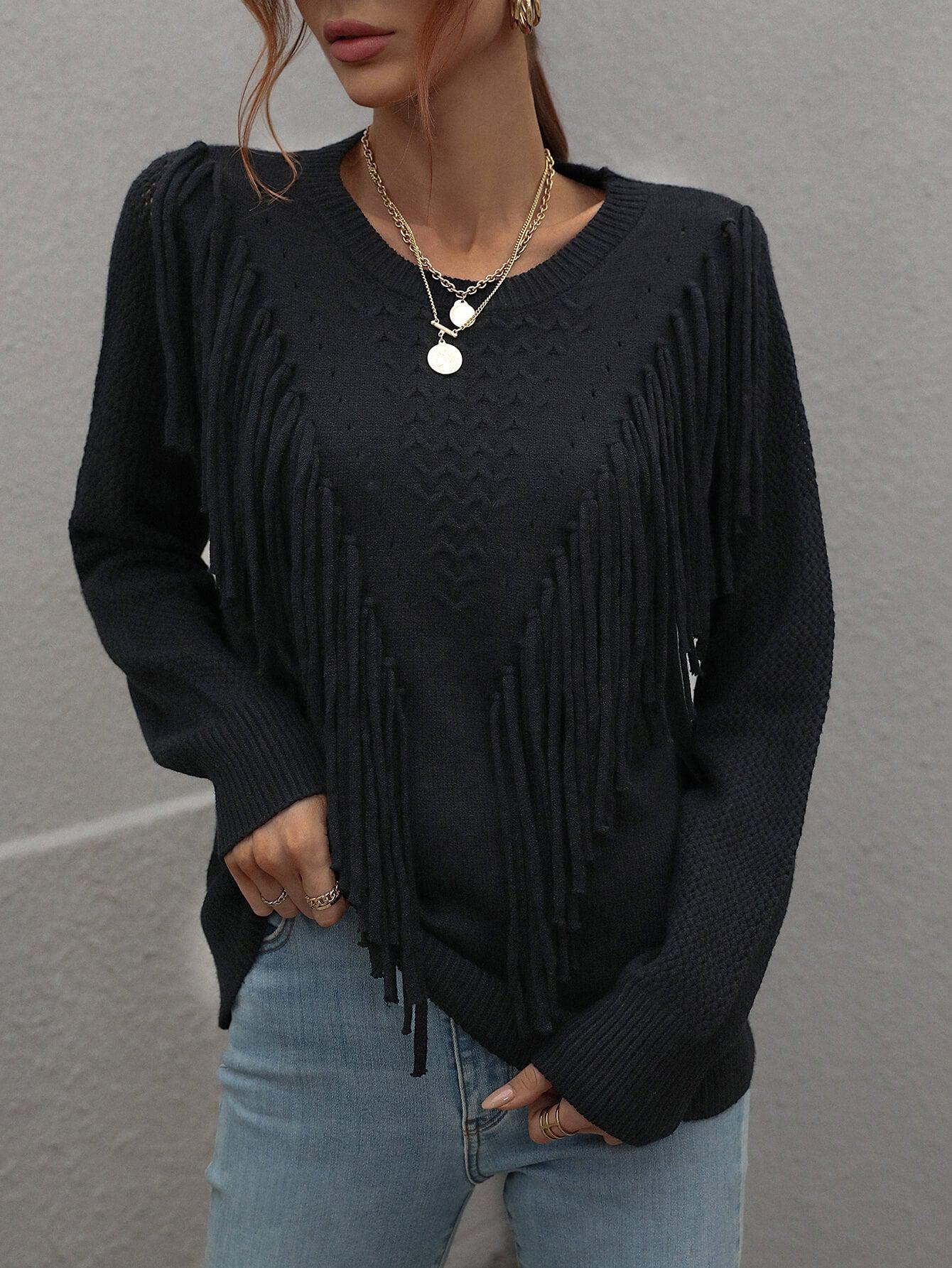 Fringe Detail Ribbed Trim Sweater BLUE ZONE PLANET