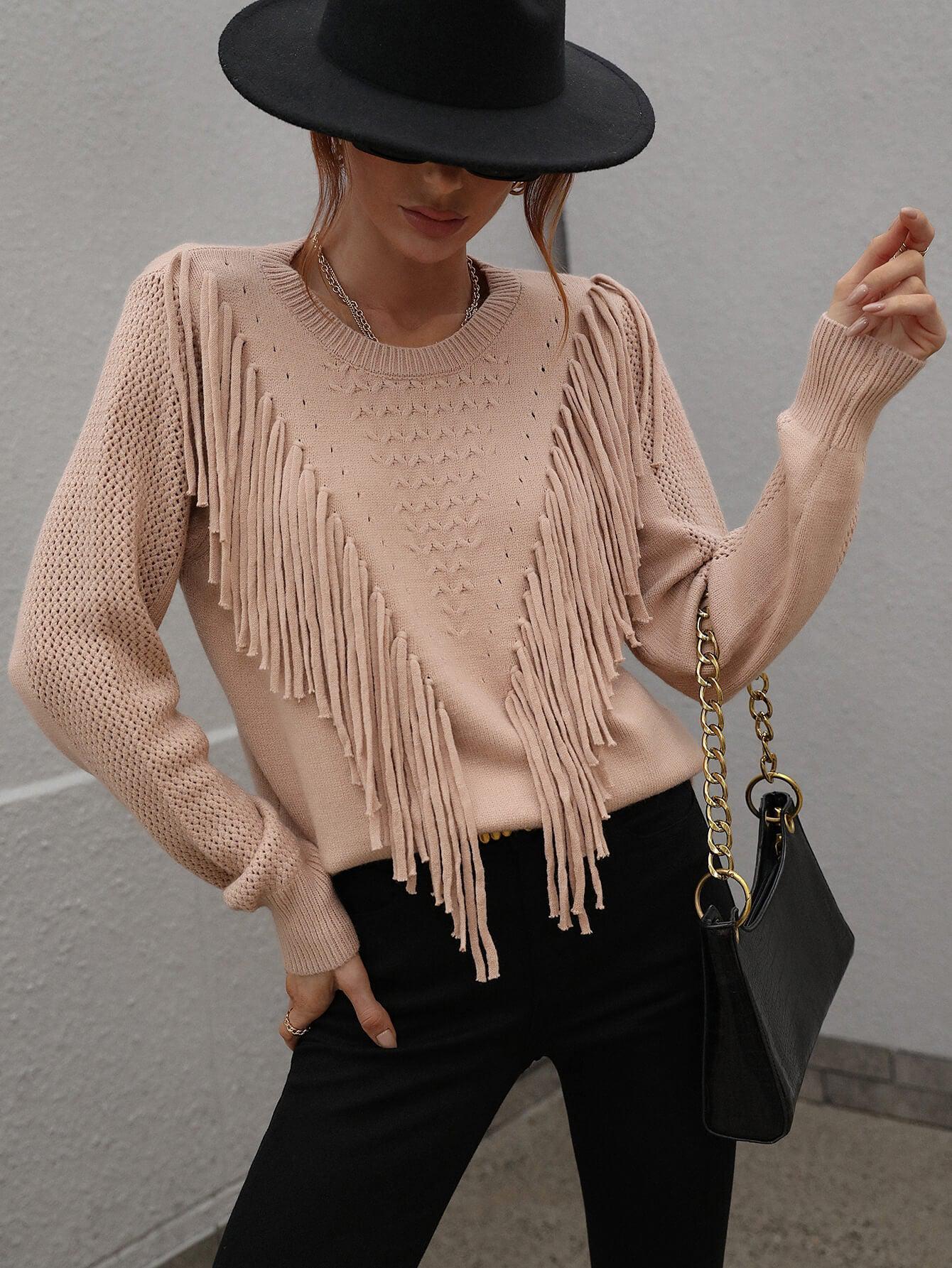 Fringe Detail Ribbed Trim Sweater BLUE ZONE PLANET