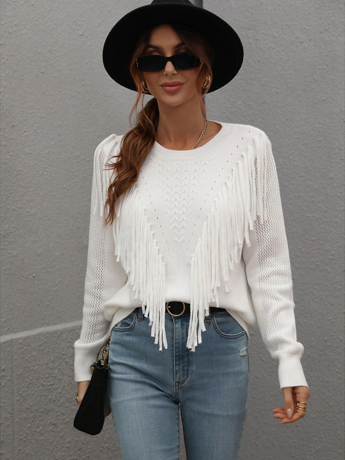 Fringe Detail Ribbed Trim Sweater BLUE ZONE PLANET