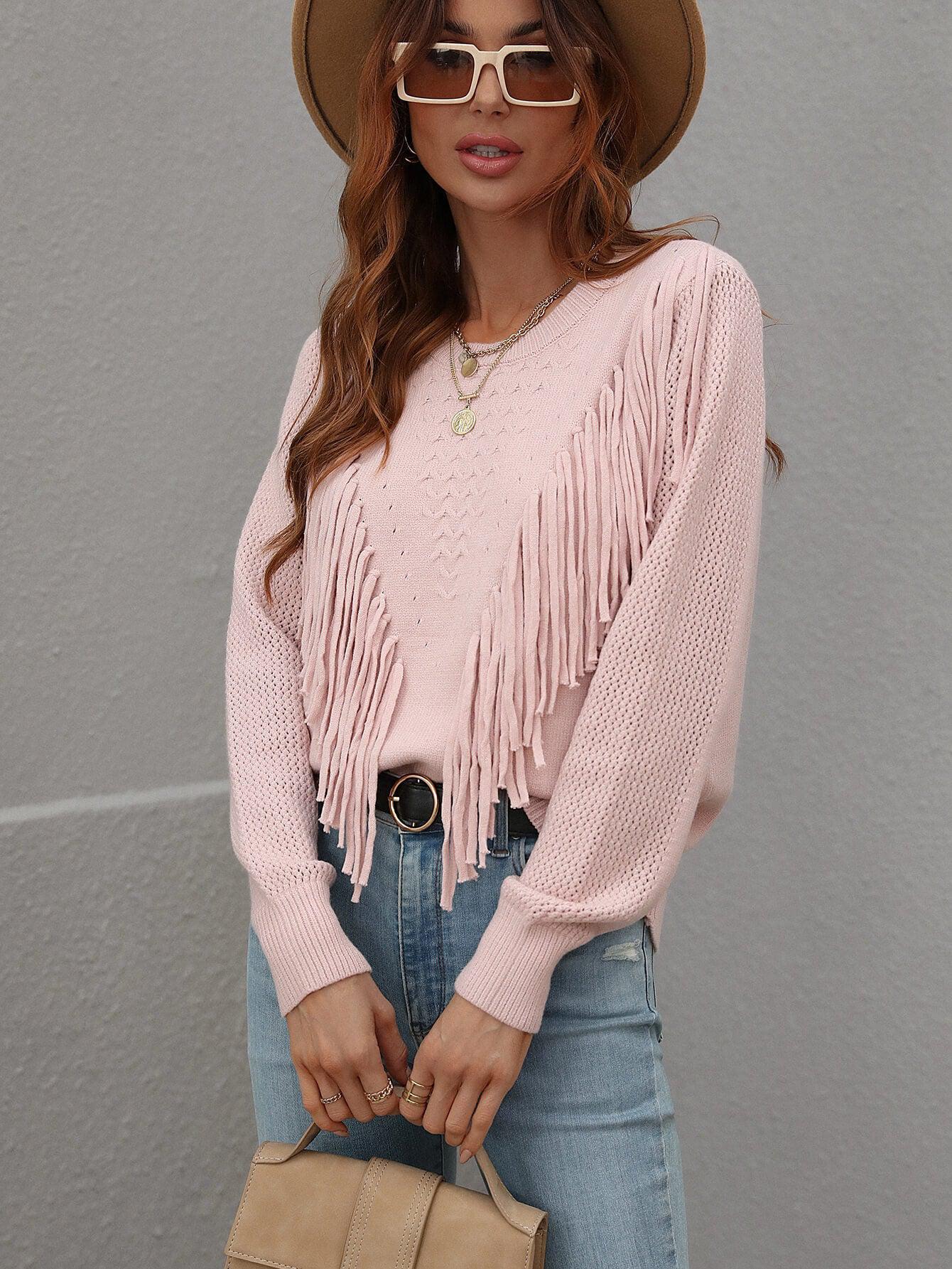 Fringe Detail Ribbed Trim Sweater BLUE ZONE PLANET