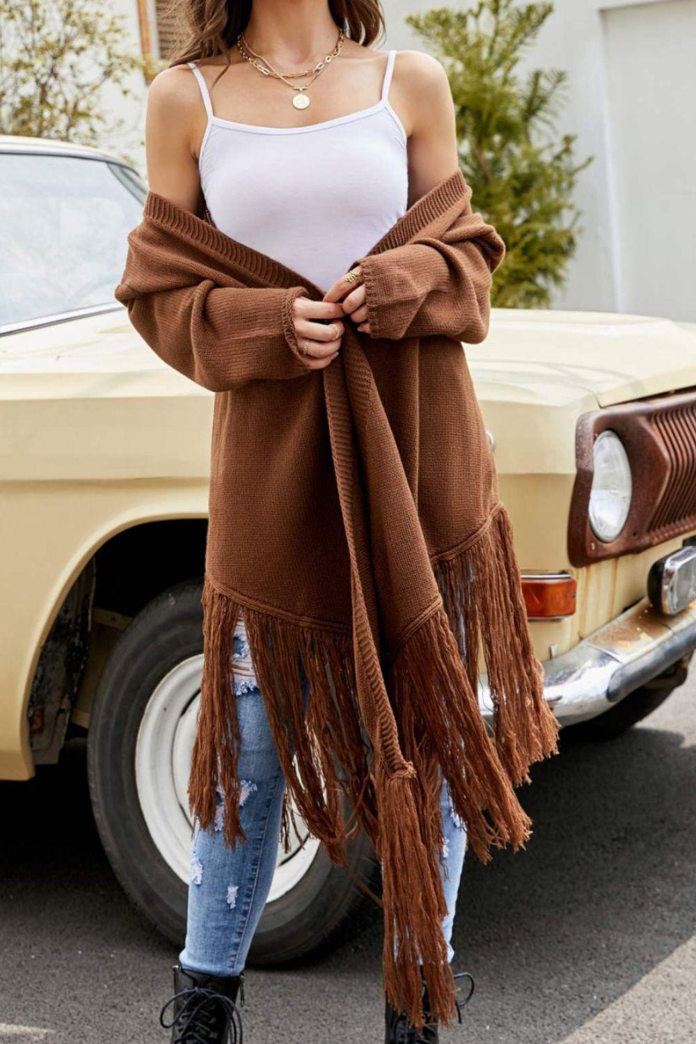 Fringe Hem Open Front Ribbed Trim Cardigan BLUE ZONE PLANET