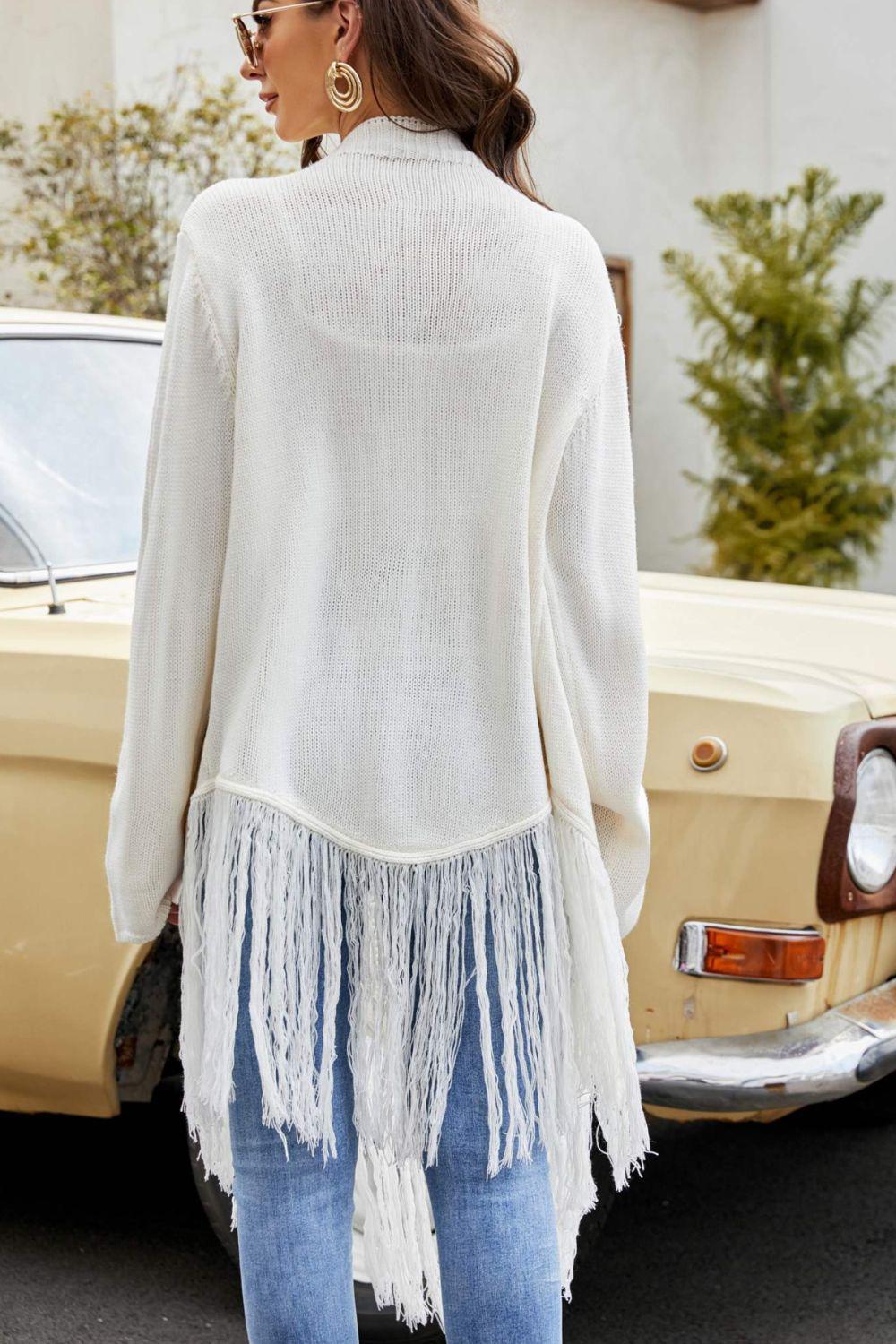 Fringe Hem Open Front Ribbed Trim Cardigan BLUE ZONE PLANET