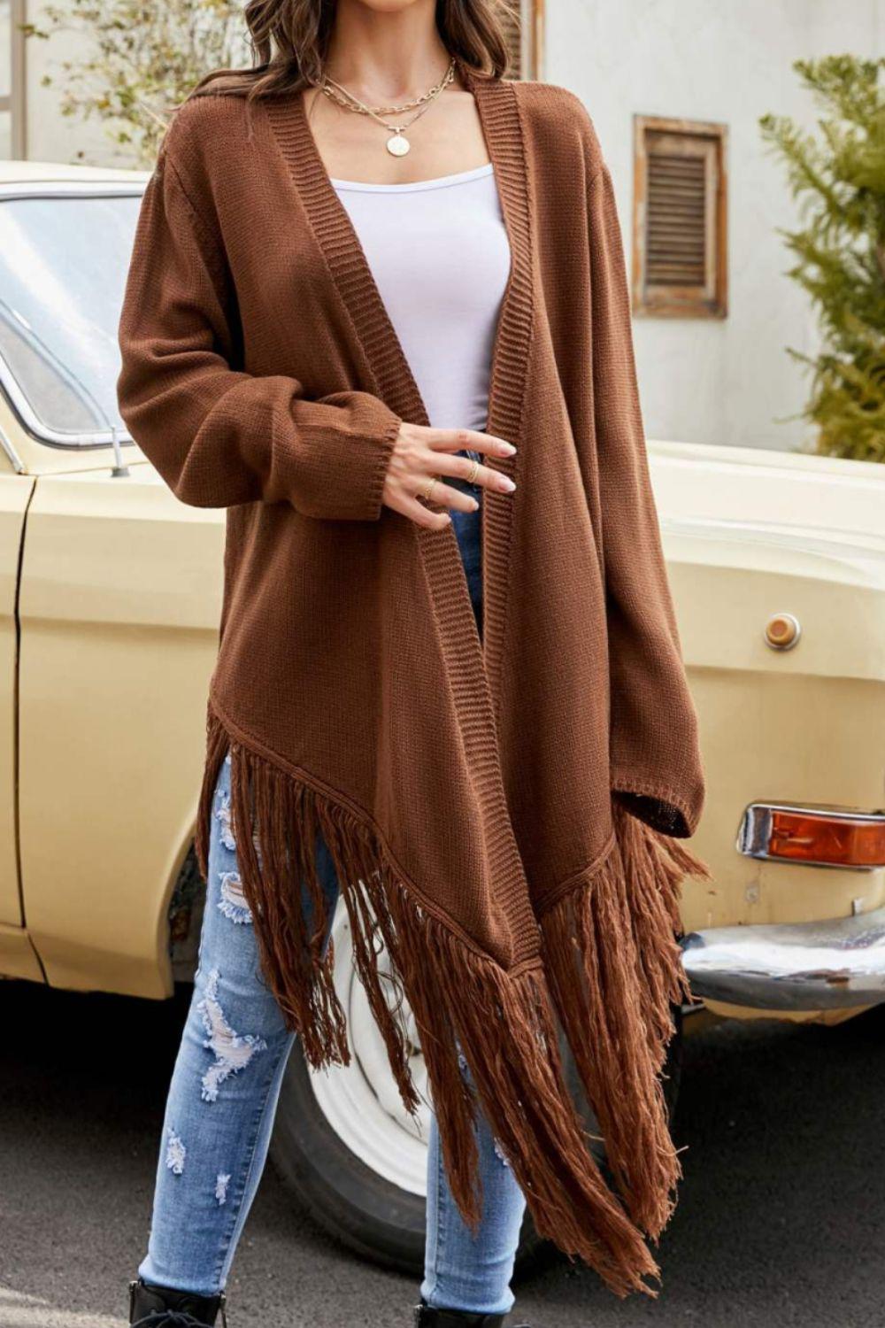 Fringe Hem Open Front Ribbed Trim Cardigan BLUE ZONE PLANET