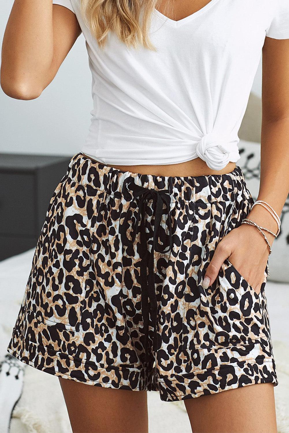 Full Size Leopard Drawstring Waist Shorts with Side Pockets BLUE ZONE PLANET