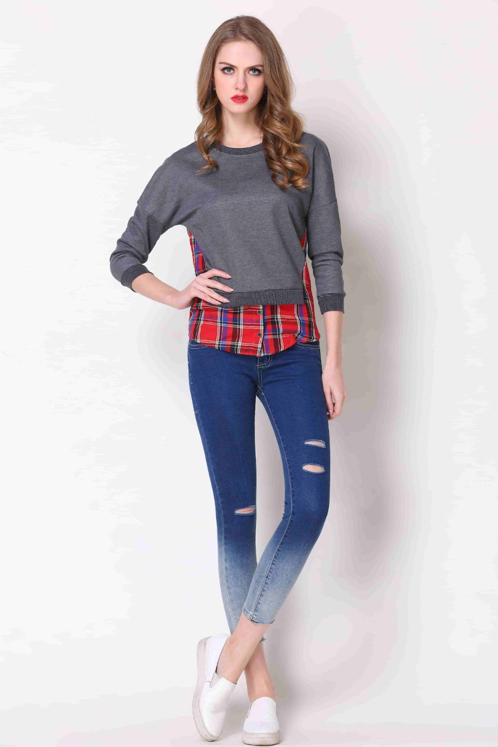 Full Size Plaid Patch Drop Shoulder Round Neck Top BLUE ZONE PLANET