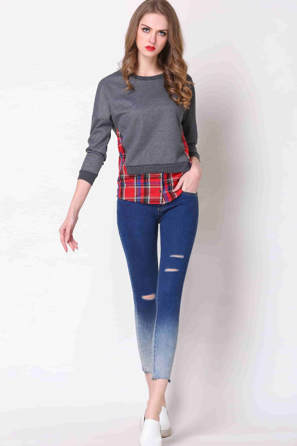 Full Size Plaid Patch Drop Shoulder Round Neck Top BLUE ZONE PLANET