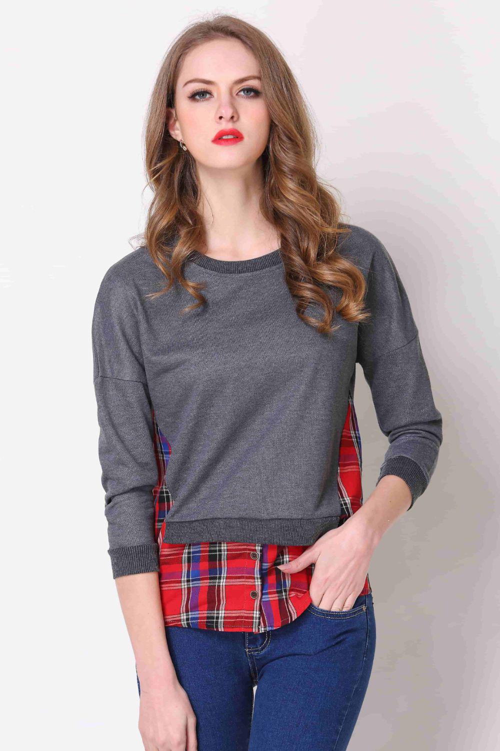 Full Size Plaid Patch Drop Shoulder Round Neck Top BLUE ZONE PLANET