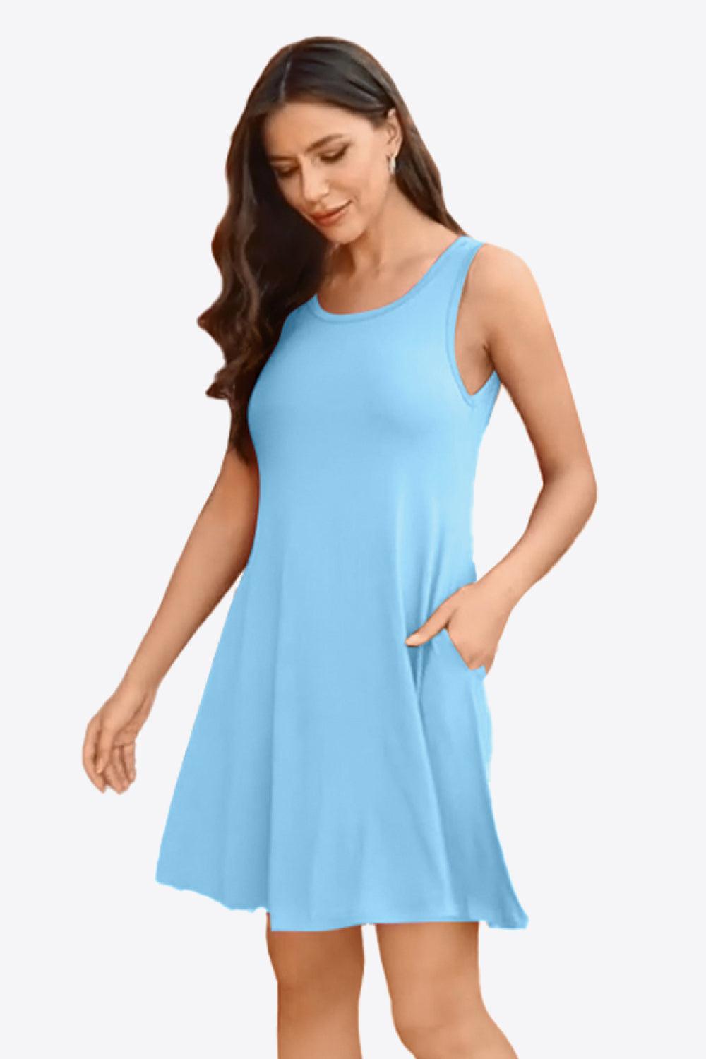 Full Size Round Neck Sleeveless Dress with Pockets BLUE ZONE PLANET