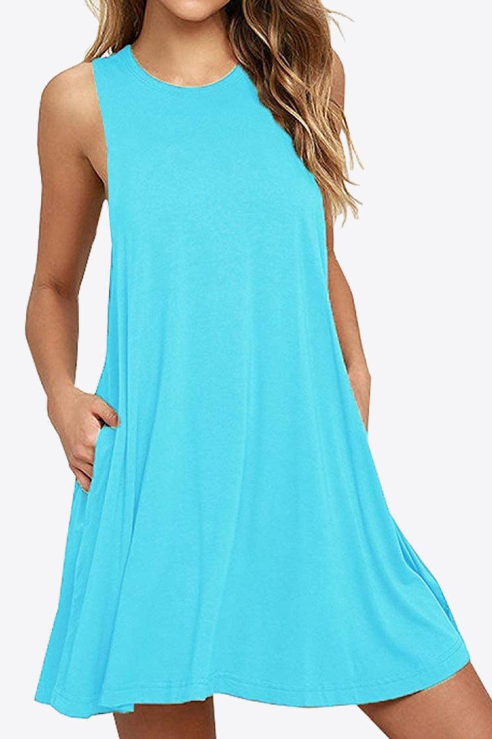 Full Size Round Neck Sleeveless Dress with Pockets BLUE ZONE PLANET