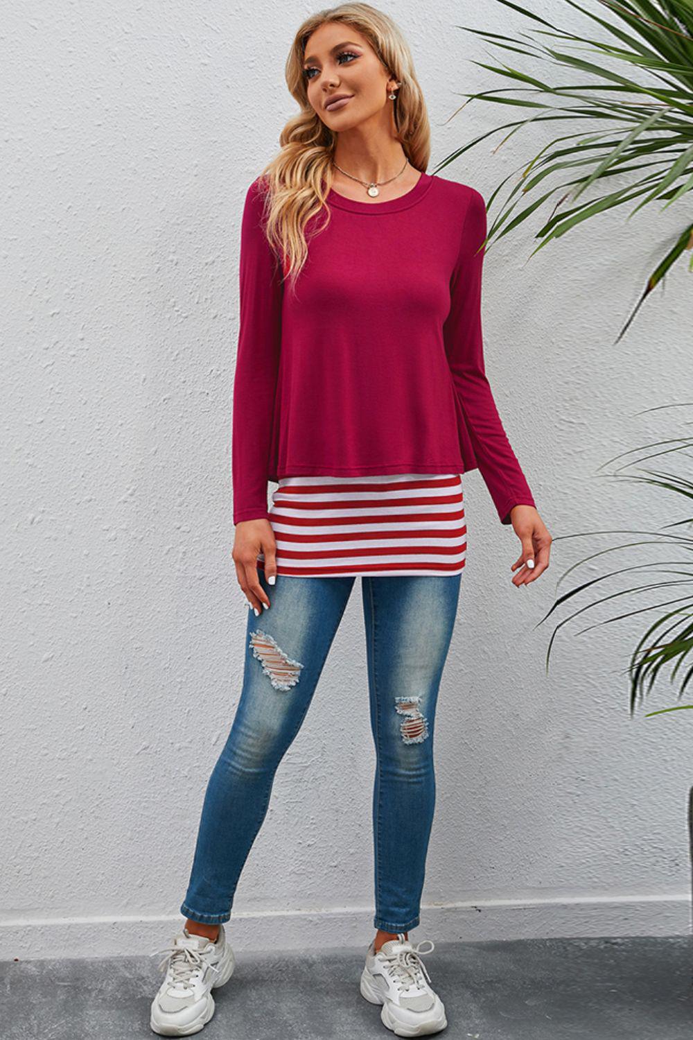 Full Size Striped Faux Layered Long Sleeve Top BLUE ZONE PLANET