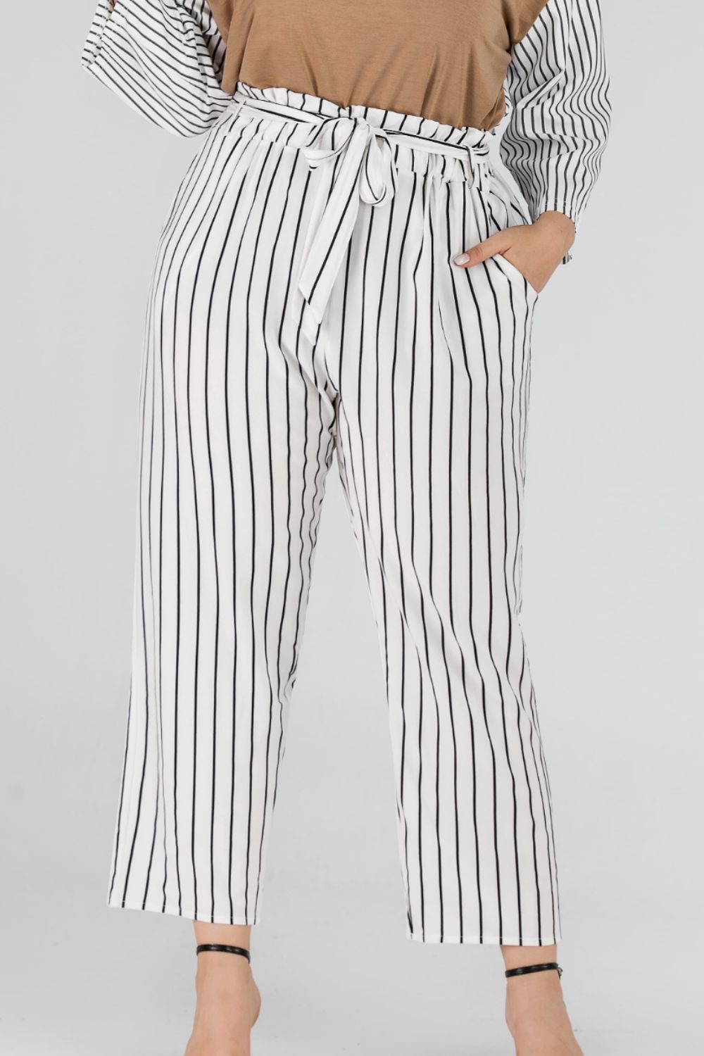 Full Size Striped Paperbag Waist Cropped Pants BLUE ZONE PLANET