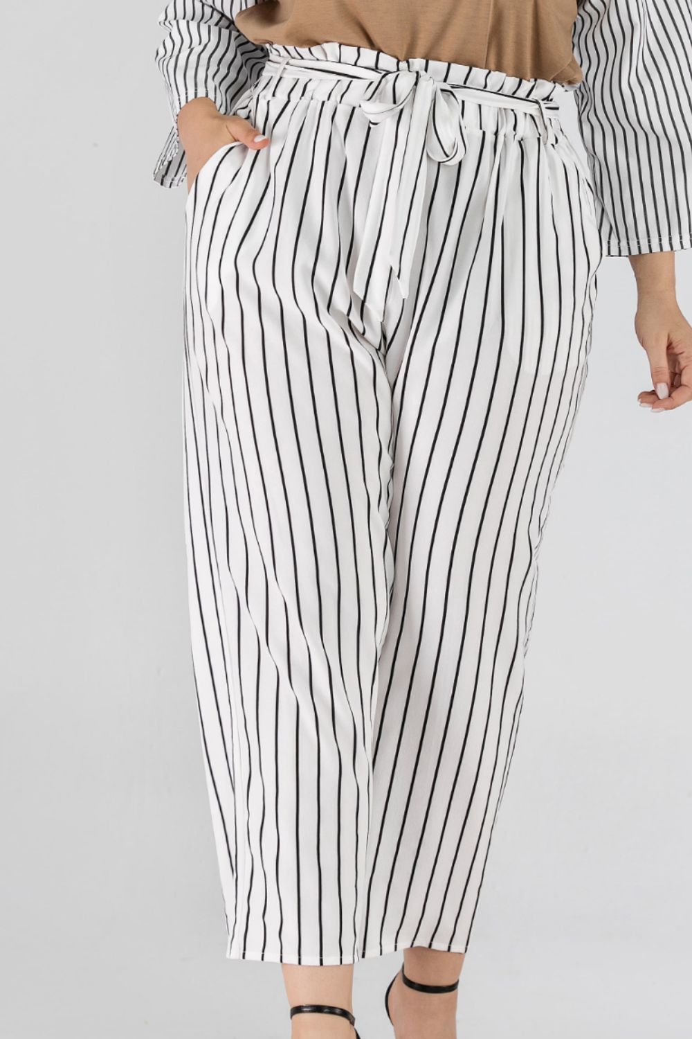Full Size Striped Paperbag Waist Cropped Pants BLUE ZONE PLANET