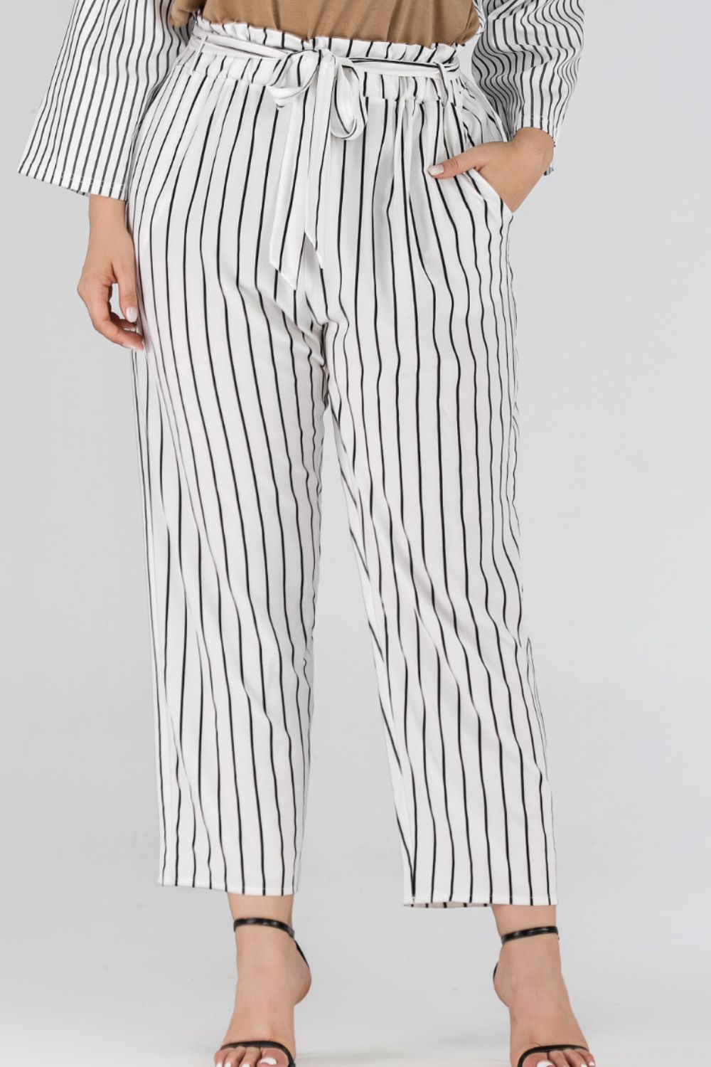 Full Size Striped Paperbag Waist Cropped Pants BLUE ZONE PLANET