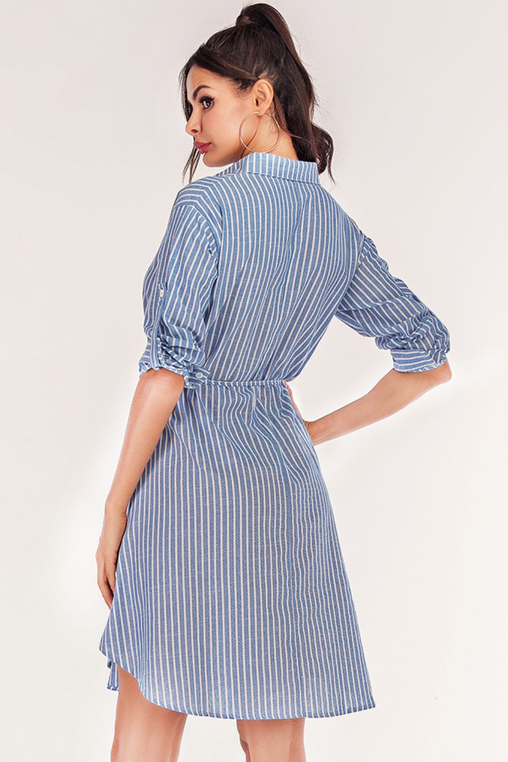 Full Size Striped Quarter-Button Roll-Tab Sleeve Shirt Dress BLUE ZONE PLANET