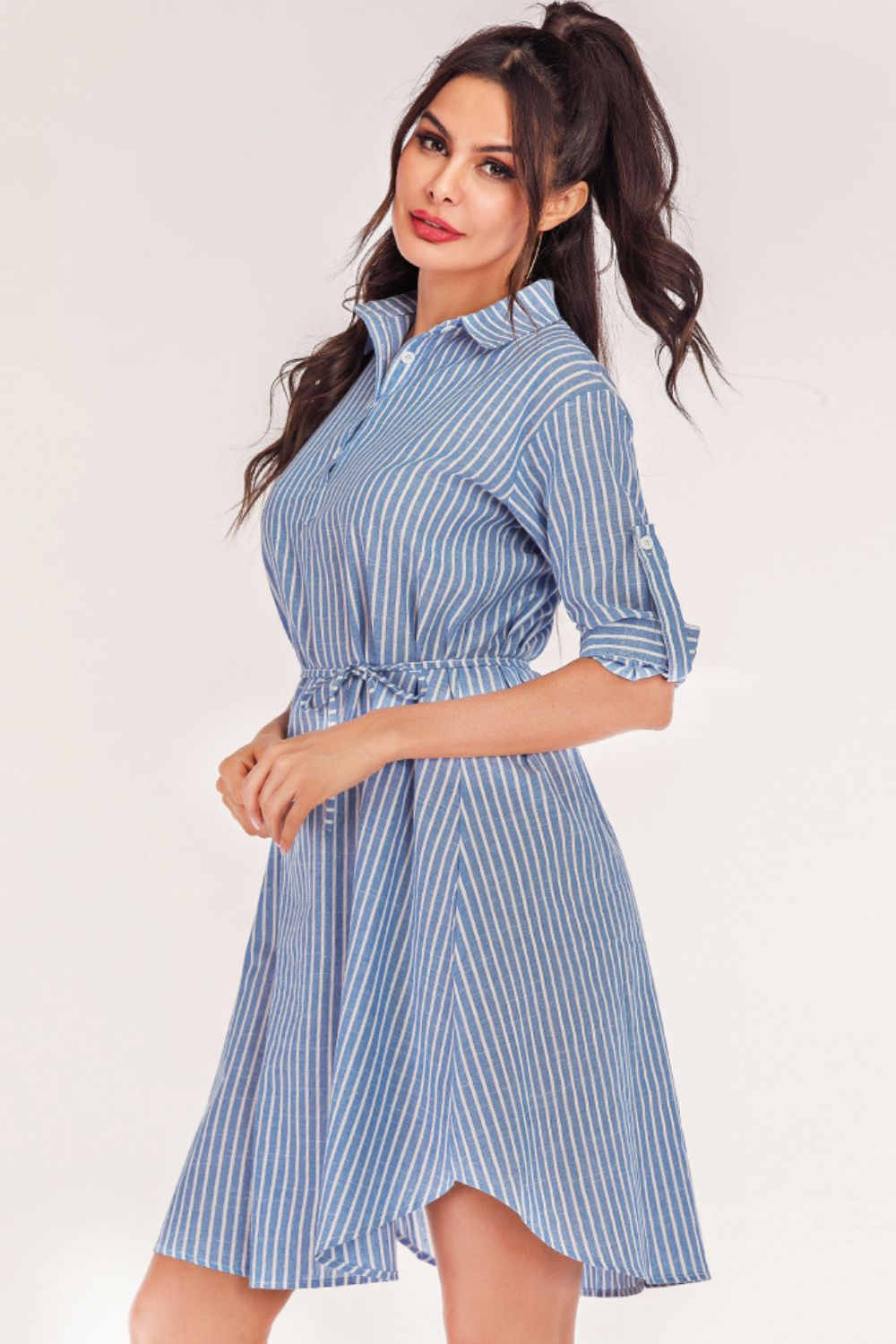 Full Size Striped Quarter-Button Roll-Tab Sleeve Shirt Dress BLUE ZONE PLANET