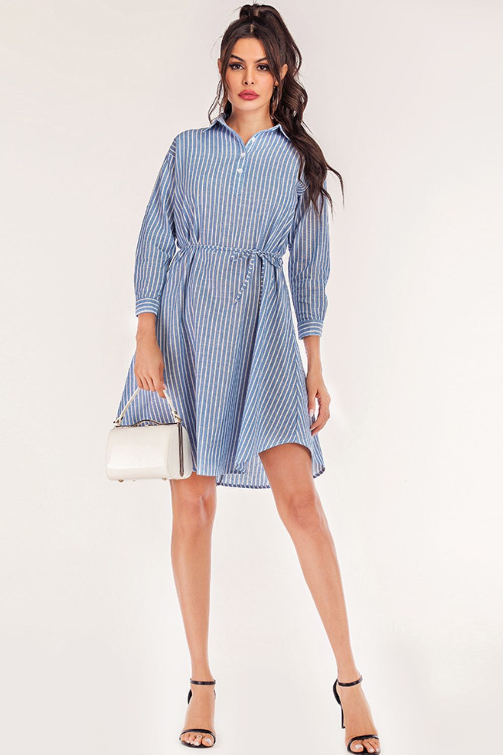 Full Size Striped Quarter-Button Roll-Tab Sleeve Shirt Dress BLUE ZONE PLANET