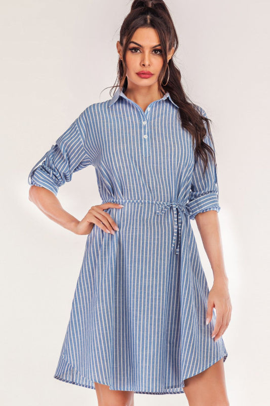 Full Size Striped Quarter-Button Roll-Tab Sleeve Shirt Dress BLUE ZONE PLANET