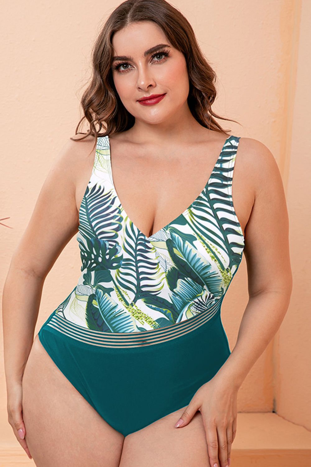 Full Size Two-Tone Plunge One-Piece Swimsuit BLUE ZONE PLANET