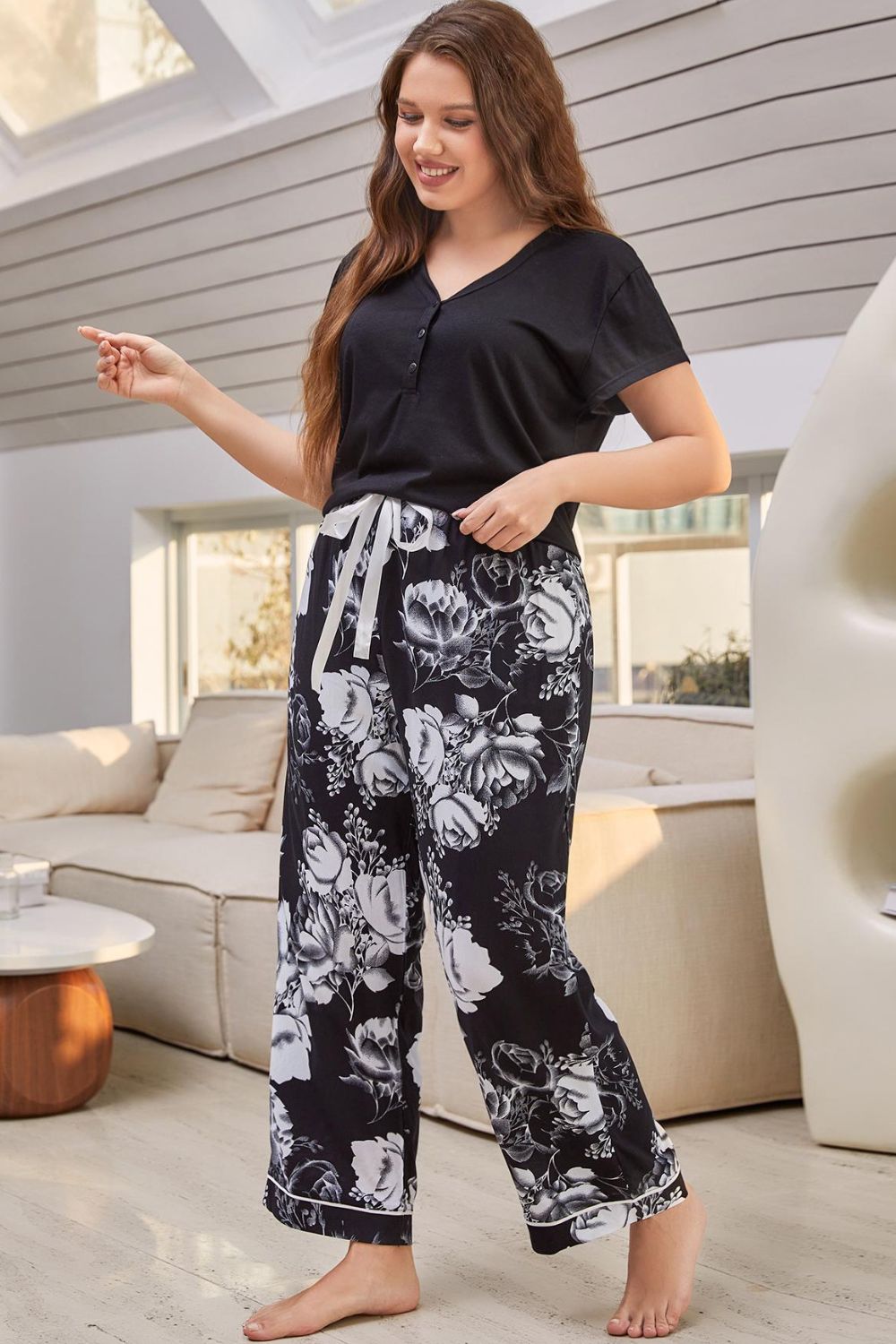 Full Size V-Neck Top and Floral Pants Lounge Set BLUE ZONE PLANET