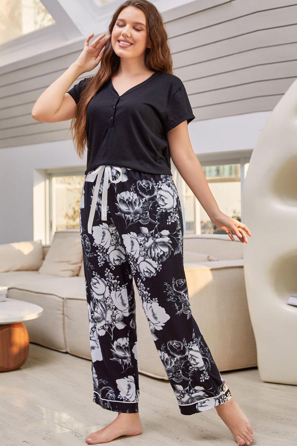 Full Size V-Neck Top and Floral Pants Lounge Set BLUE ZONE PLANET
