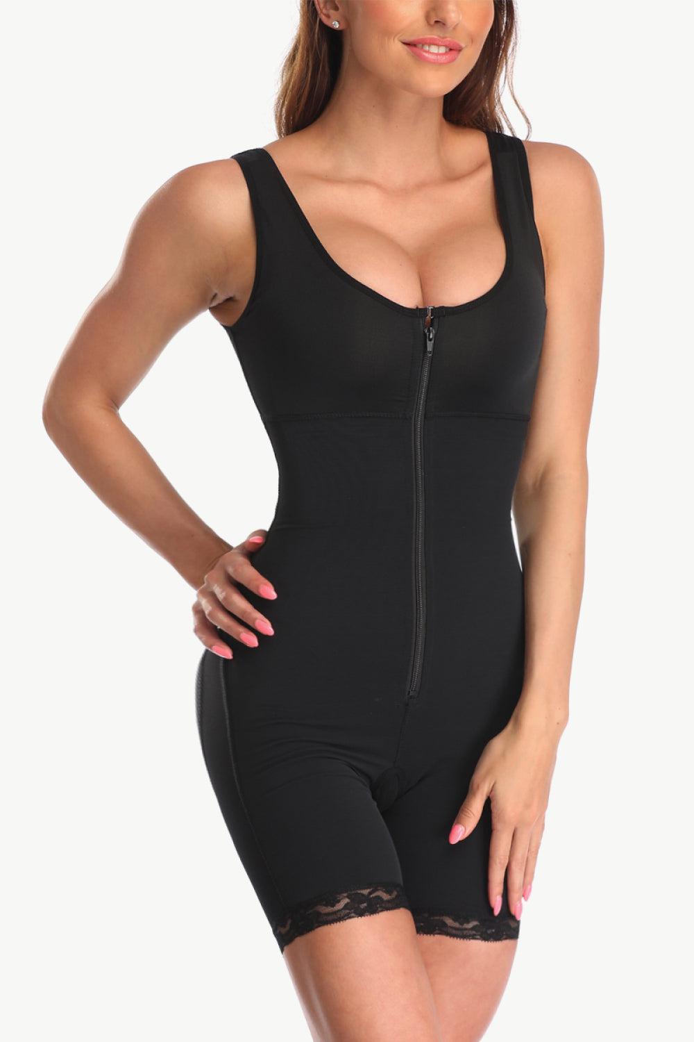 Full Size Zip-Up Lace Detail Shapewear-TOPS / DRESSES-[Adult]-[Female]-Black-S-2022 Blue Zone Planet Online Store