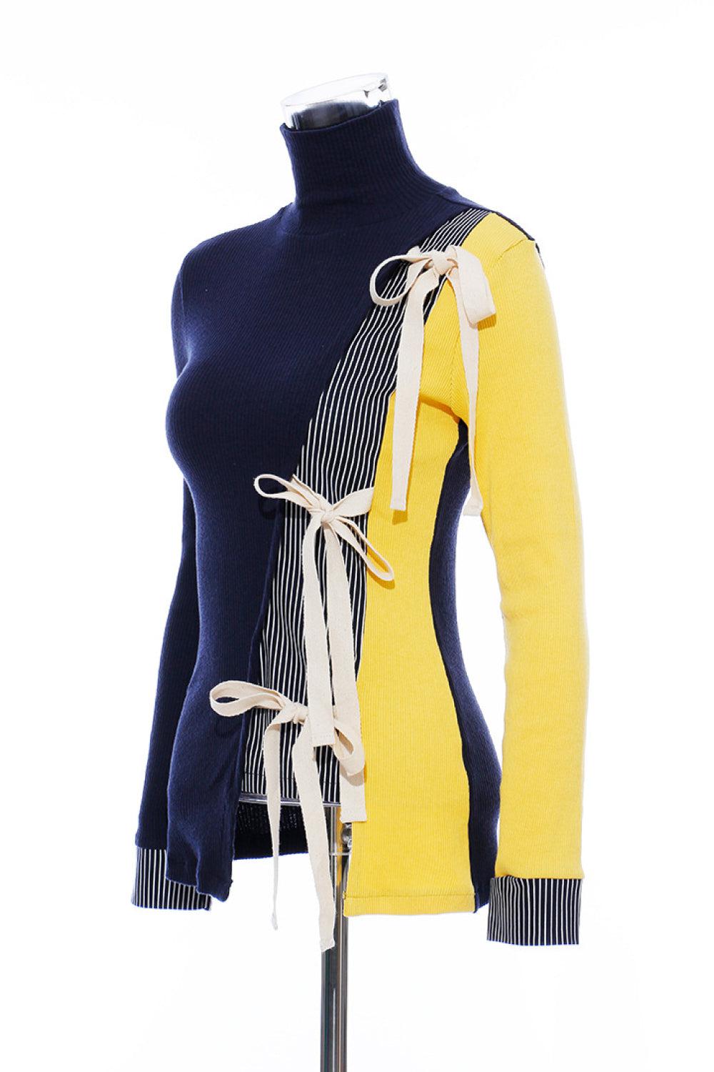 GAWQO Tie Detail Asymmetrical Hem Turtleneck Sweater-TOPS / DRESSES-[Adult]-[Female]-Navy/Yellow-One Size-Blue Zone Planet