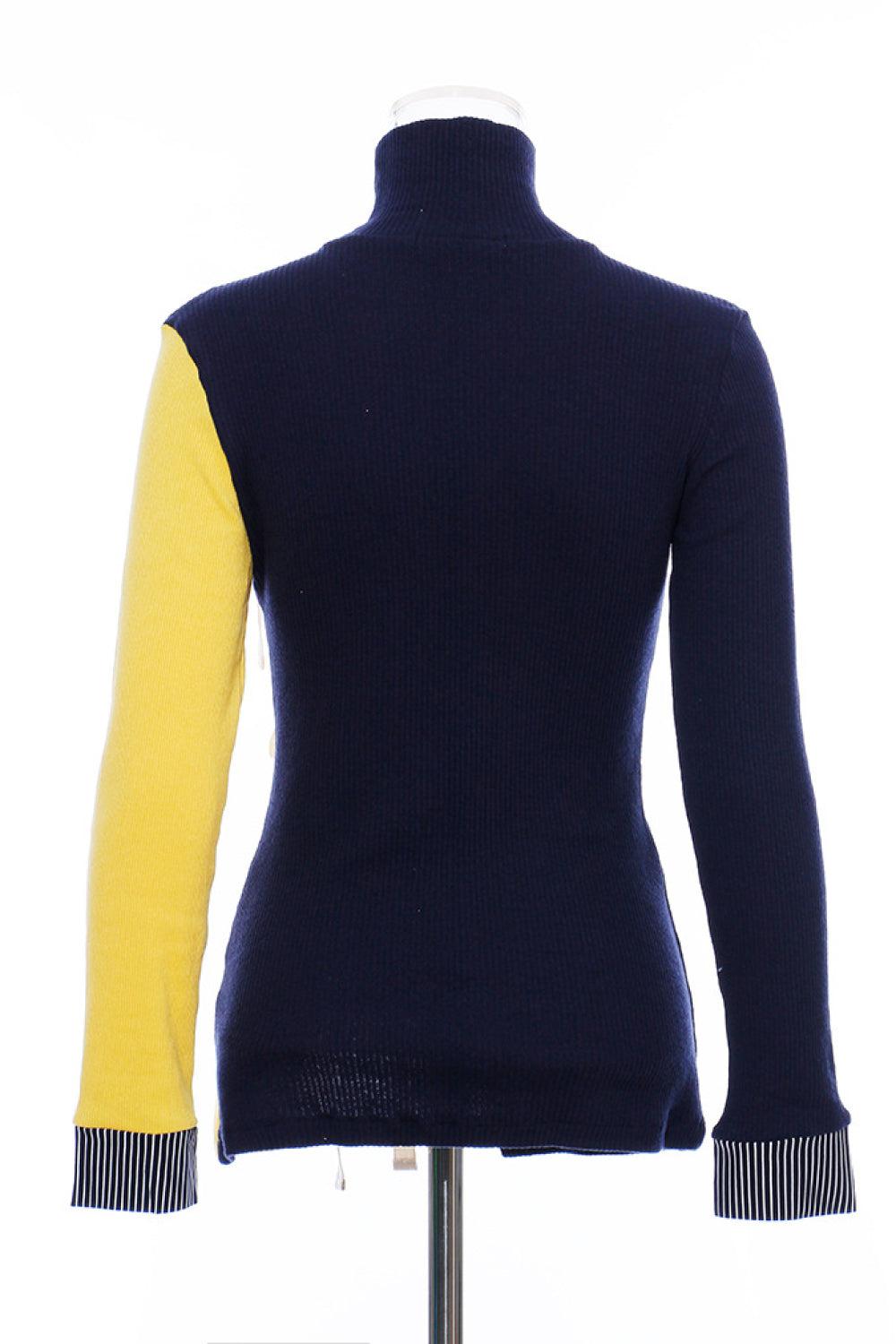 GAWQO Tie Detail Asymmetrical Hem Turtleneck Sweater-TOPS / DRESSES-[Adult]-[Female]-Navy/Yellow-One Size-Blue Zone Planet