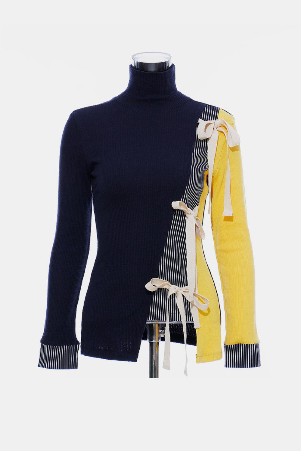 GAWQO Tie Detail Asymmetrical Hem Turtleneck Sweater-TOPS / DRESSES-[Adult]-[Female]-Navy/Yellow-One Size-Blue Zone Planet