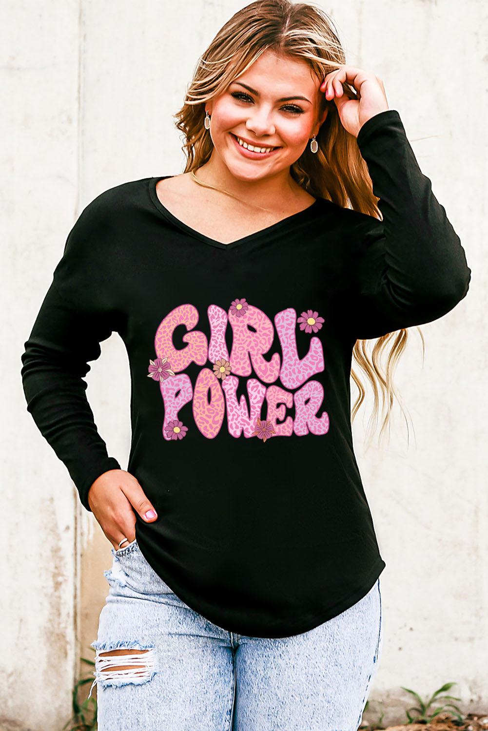 GIRL POWER Leopard Graphic V-Neck Top BLUE ZONE PLANET