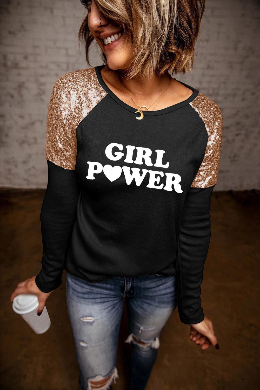 GIRL POWER Sequin Long Raglan Sleeve Tee BLUE ZONE PLANET