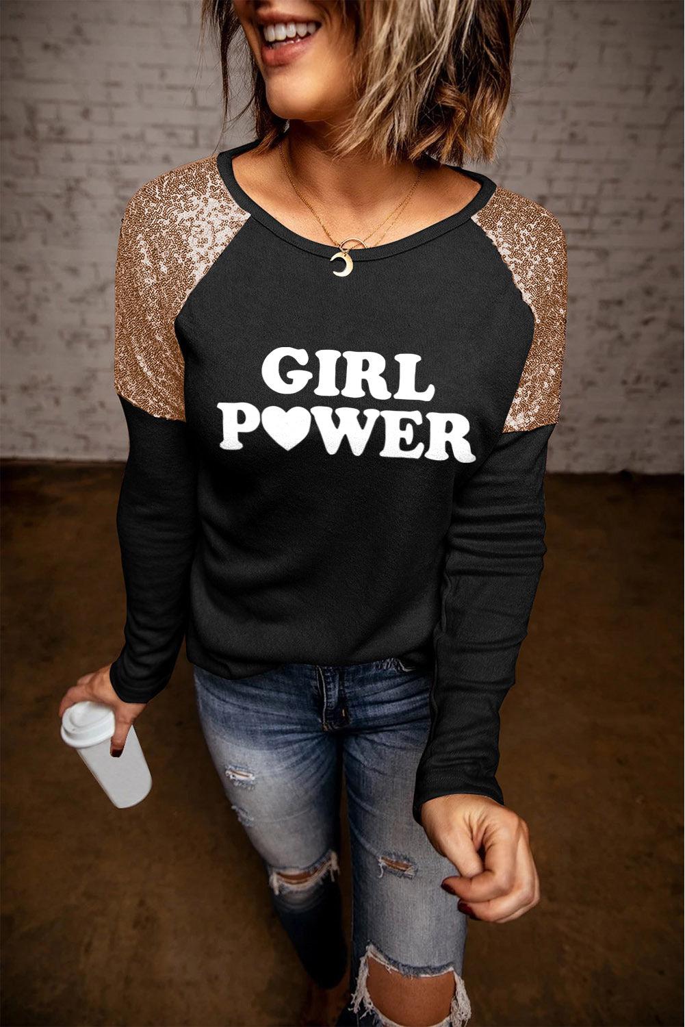 GIRL POWER Sequin Long Raglan Sleeve Tee BLUE ZONE PLANET