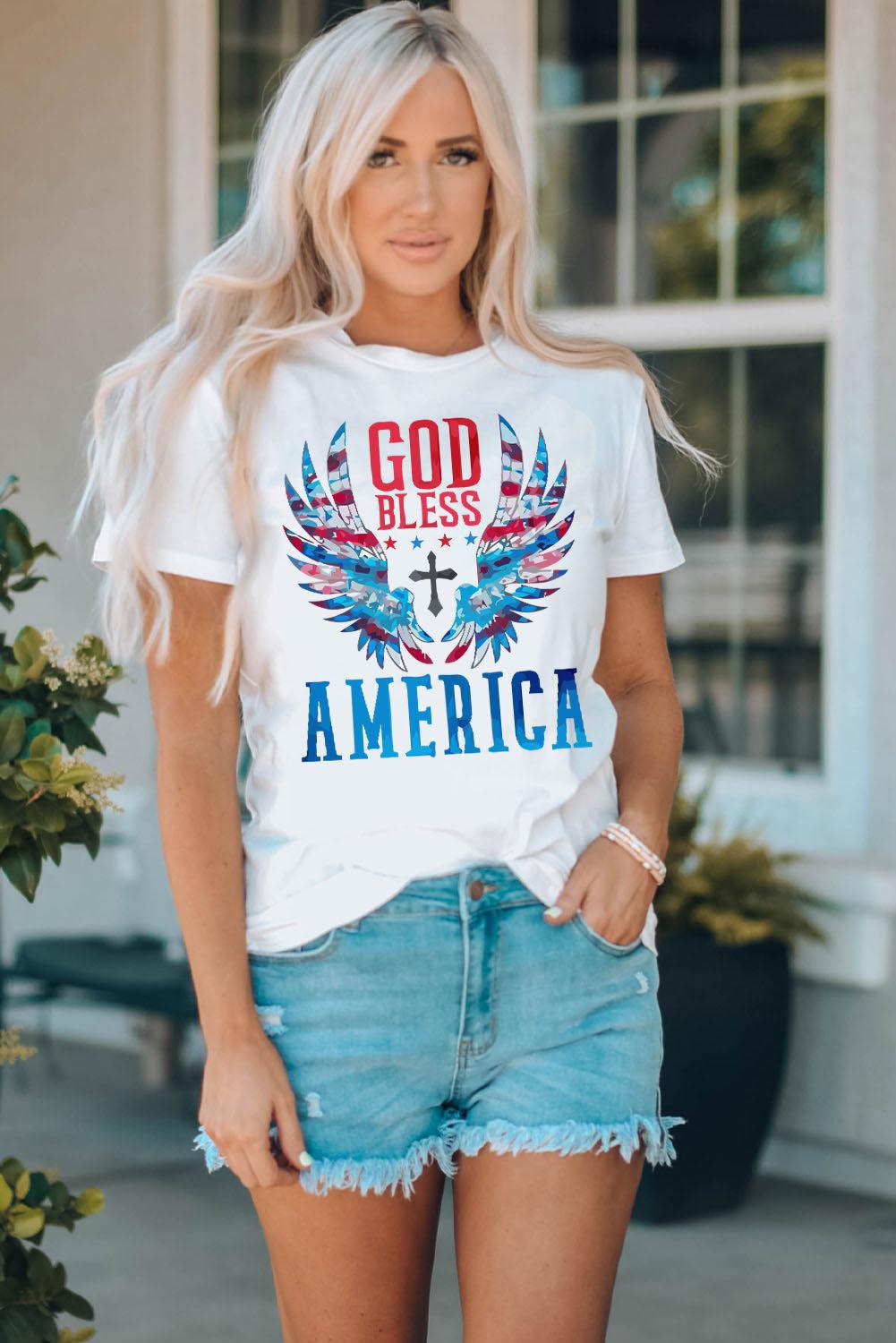 GOD BLESS AMERICA Cuffed Tee Shirt BLUE ZONE PLANET