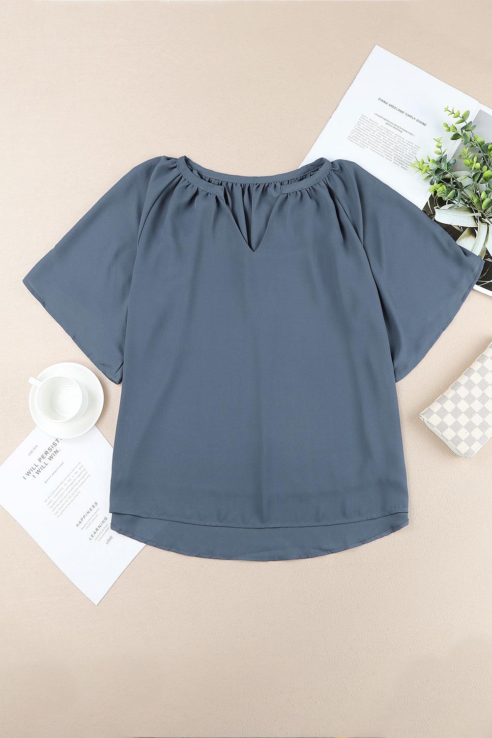 Gathered Detail Notched Neck Flutter Sleeve Top BLUE ZONE PLANET