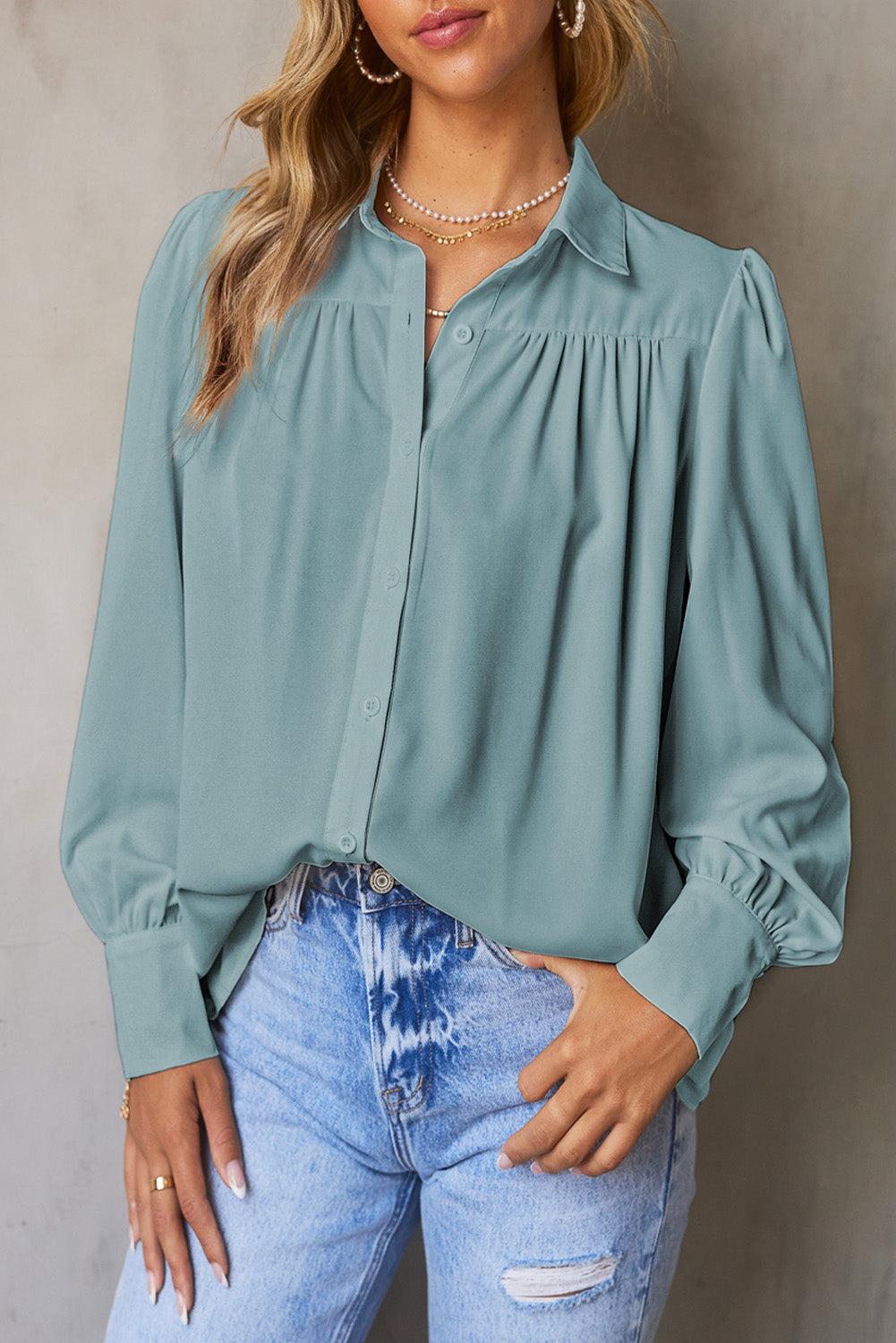 Gathered Detail Puff Sleeve Shirt BLUE ZONE PLANET