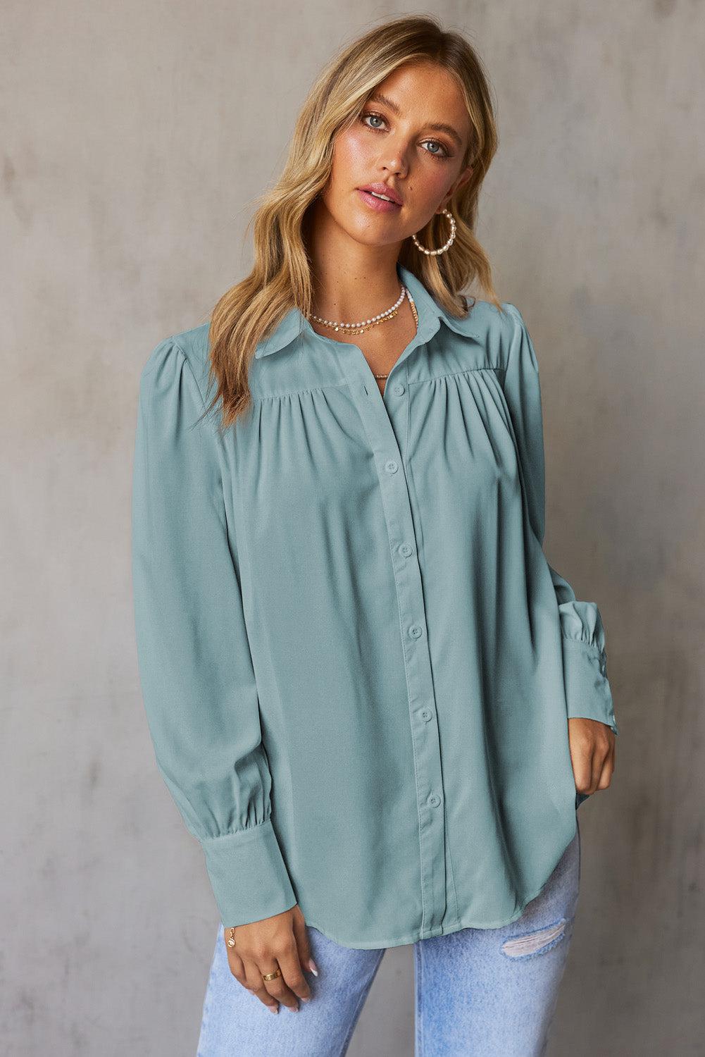 Gathered Detail Puff Sleeve Shirt BLUE ZONE PLANET