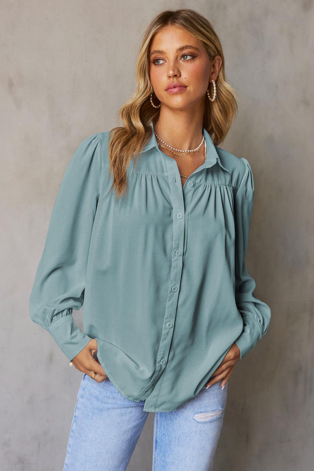 Gathered Detail Puff Sleeve Shirt BLUE ZONE PLANET