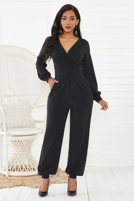 Gathered Detail Surplice Lantern Sleeve Jumpsuit BLUE ZONE PLANET